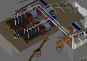 3D-ontwerptekening van de sorteerlijn met afzuigsystemen en kistenlogistiek.